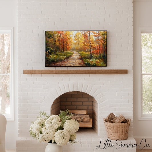 Misty Autumn Forest Path Frame TV Art displayed on a TV
