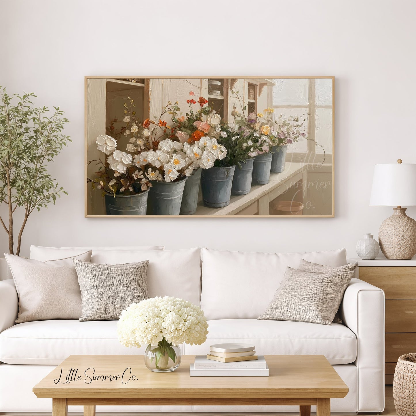 Flower Buckets on Windowsill Frame TV Art displayed on a TV