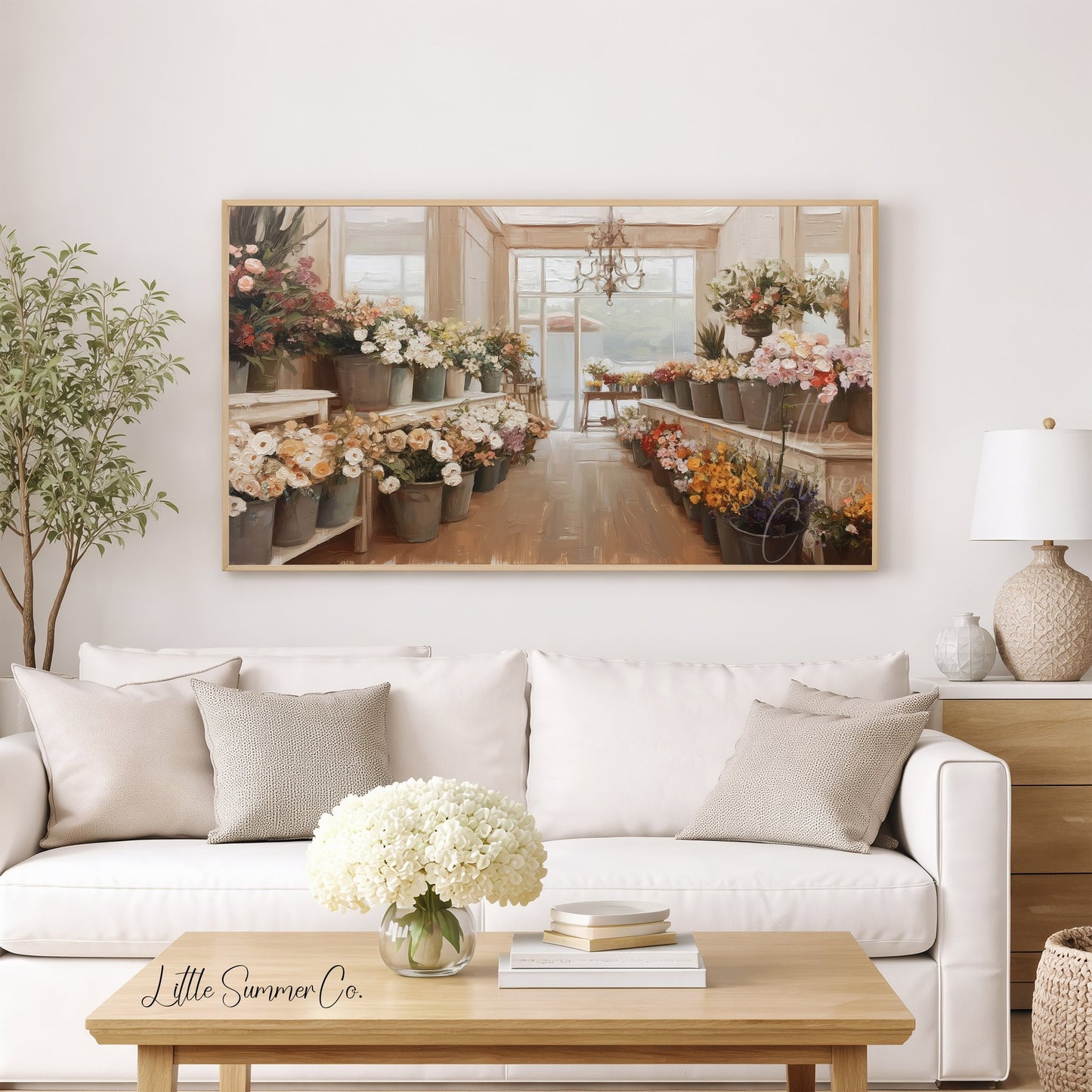 Flower Shop Buckets Frame TV Art displayed on a TV