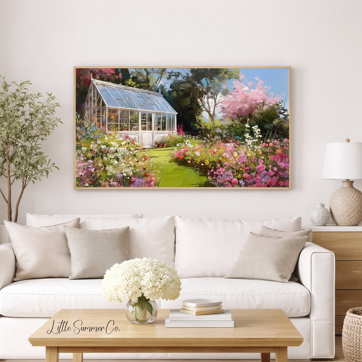 Blossom Garden Greenhouse Frame TV Art displayed on a TV