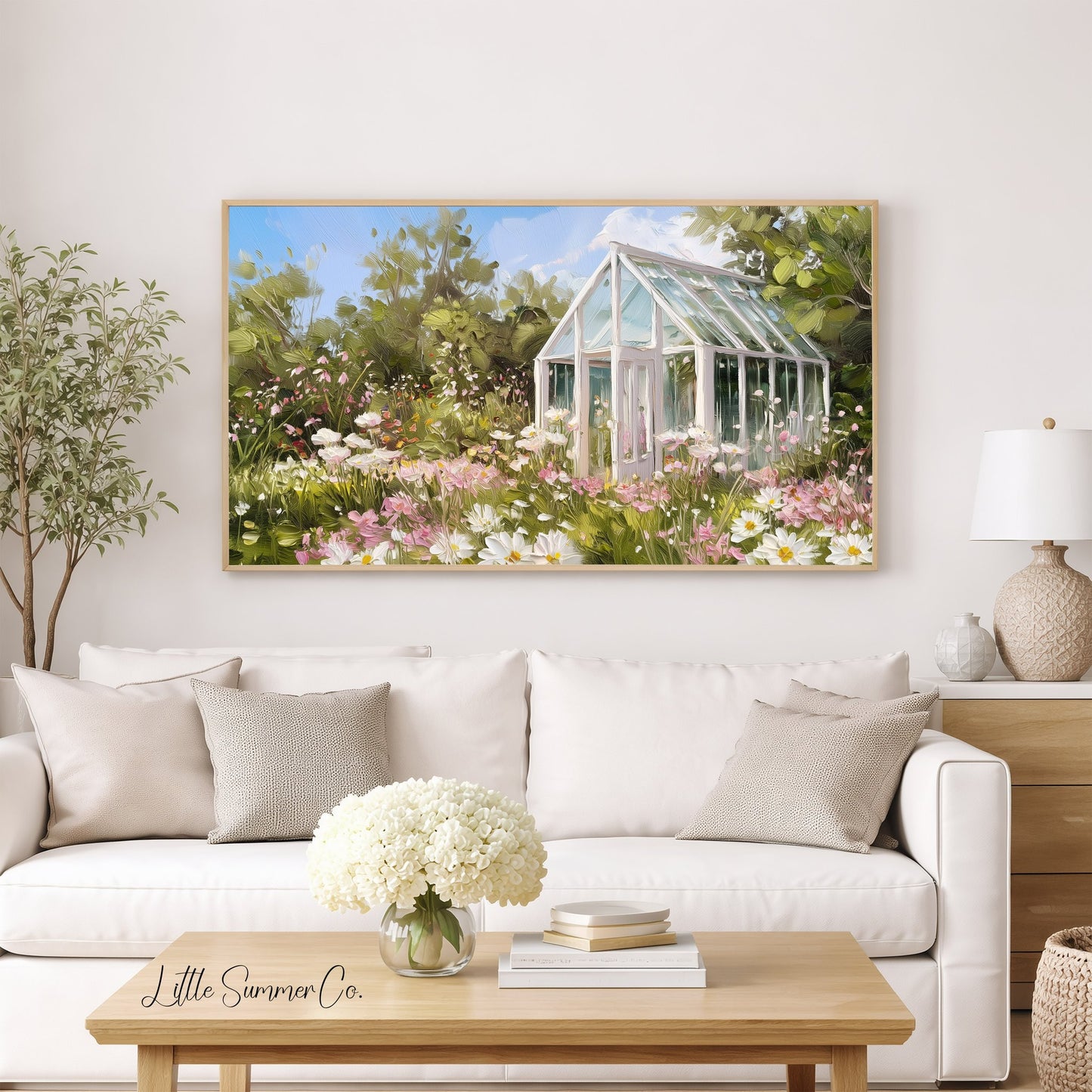 Daisy Garden Greenhouse Frame TV Art displayed on a TV