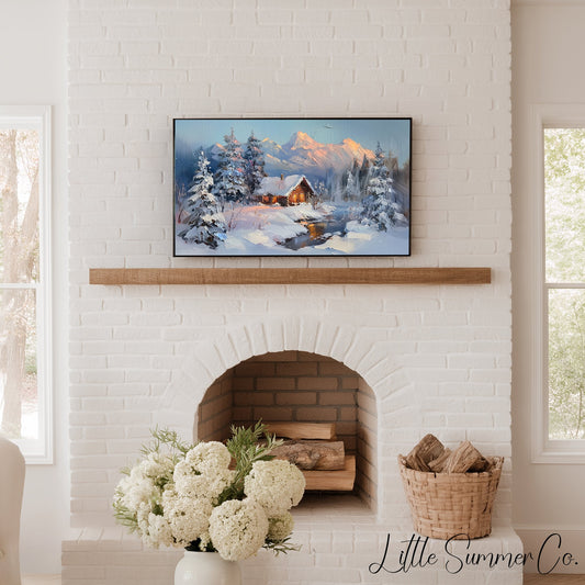 Snowy Cabin Dusk Frame TV Art displayed on a TV