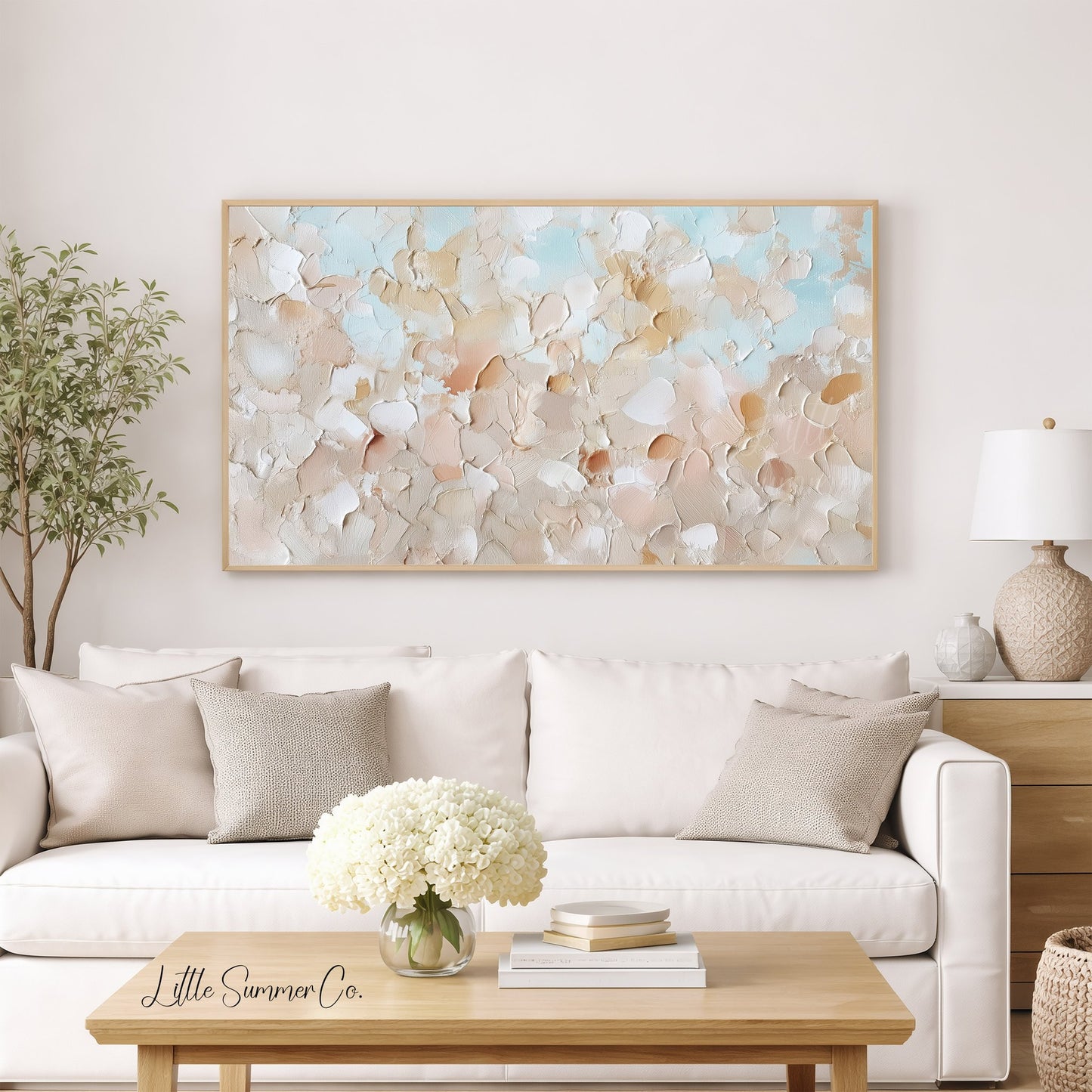 Sandy Beige Sky Blue Brushstroke Frame TV Art displayed on a TV