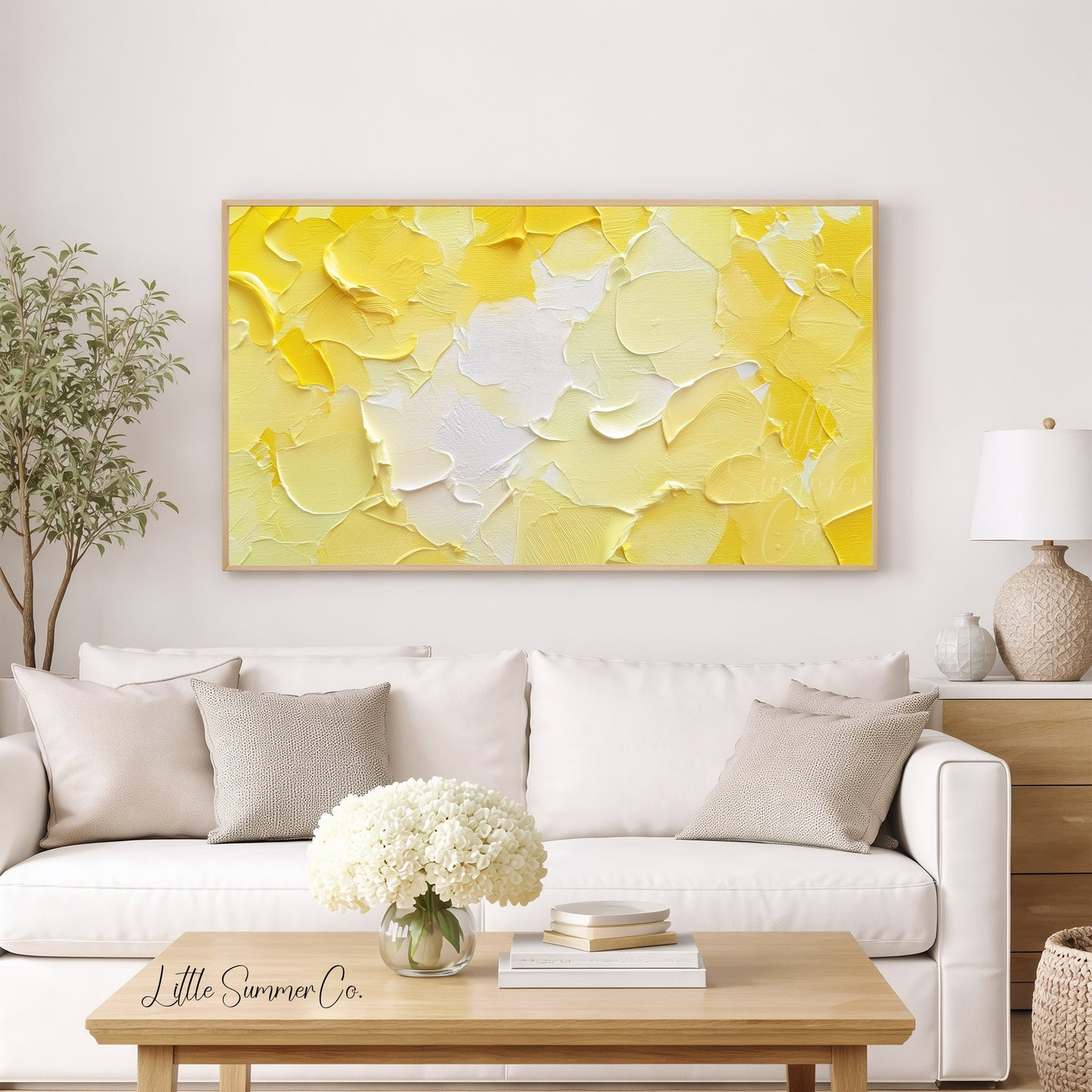 Bold Yellow White Brushstroke Frame TV Art displayed on a TV