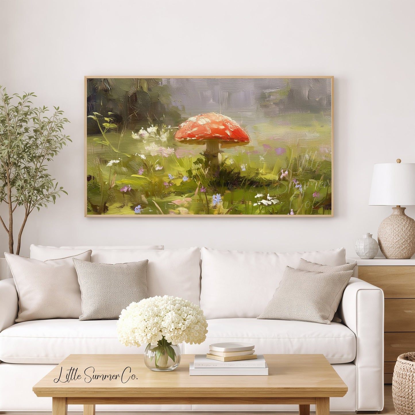 Red Mushroom Wildflower Meadow Frame TV Art displayed on a TV