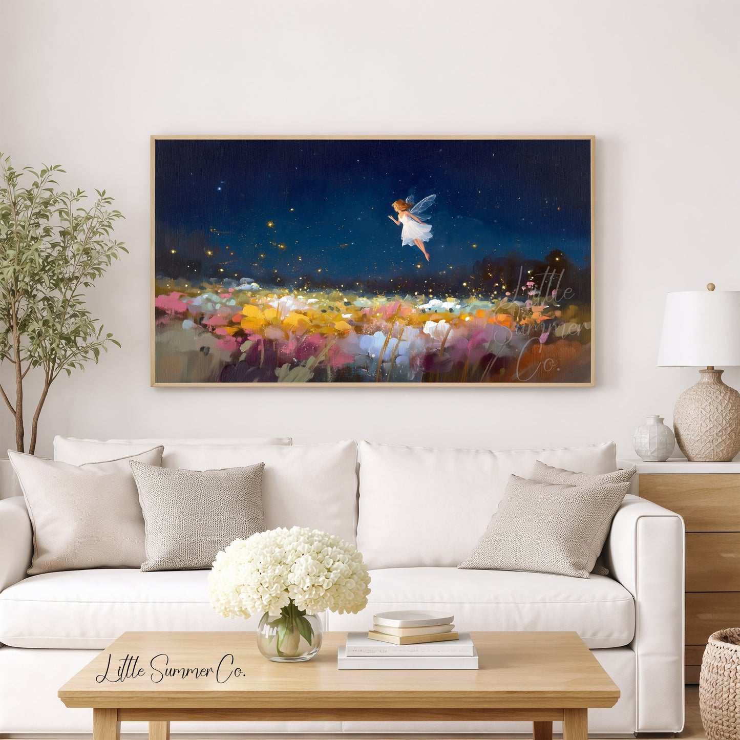 Fairy Over Flower Field Frame TV Art displayed on a TV