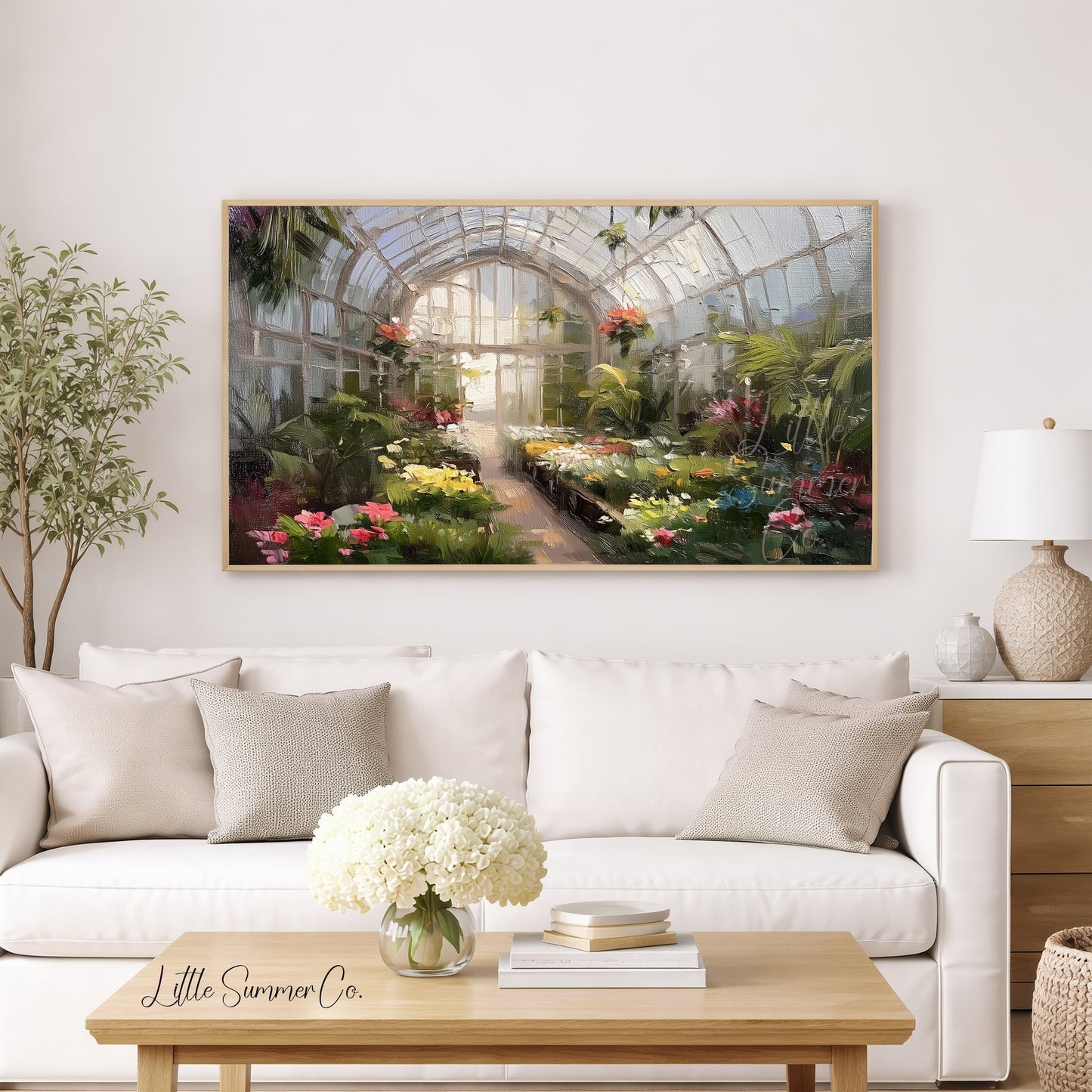 Greenhouse Flowers Frame TV Art displayed on a TV