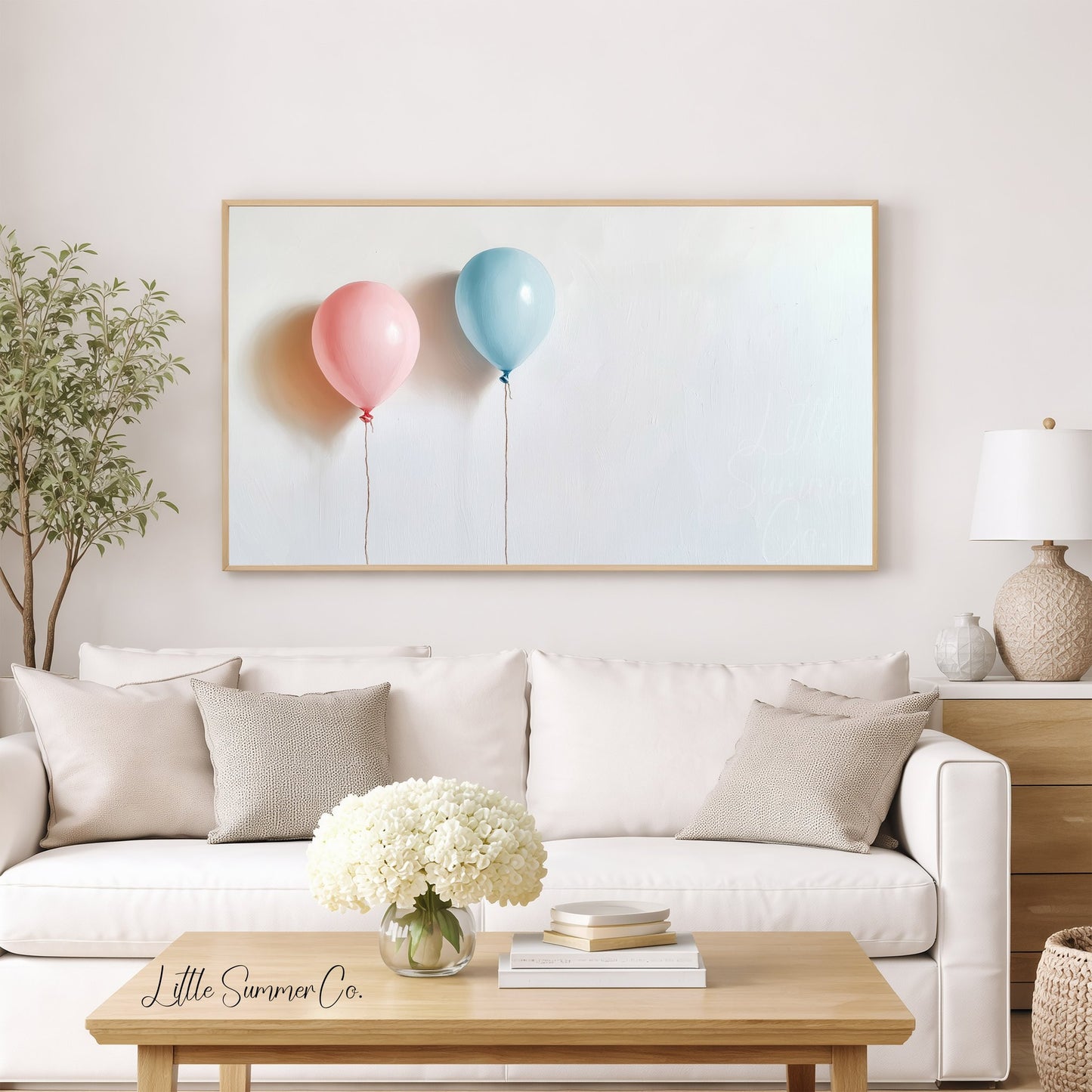 Pink and Blue Balloons Frame TV Art displayed on a TV