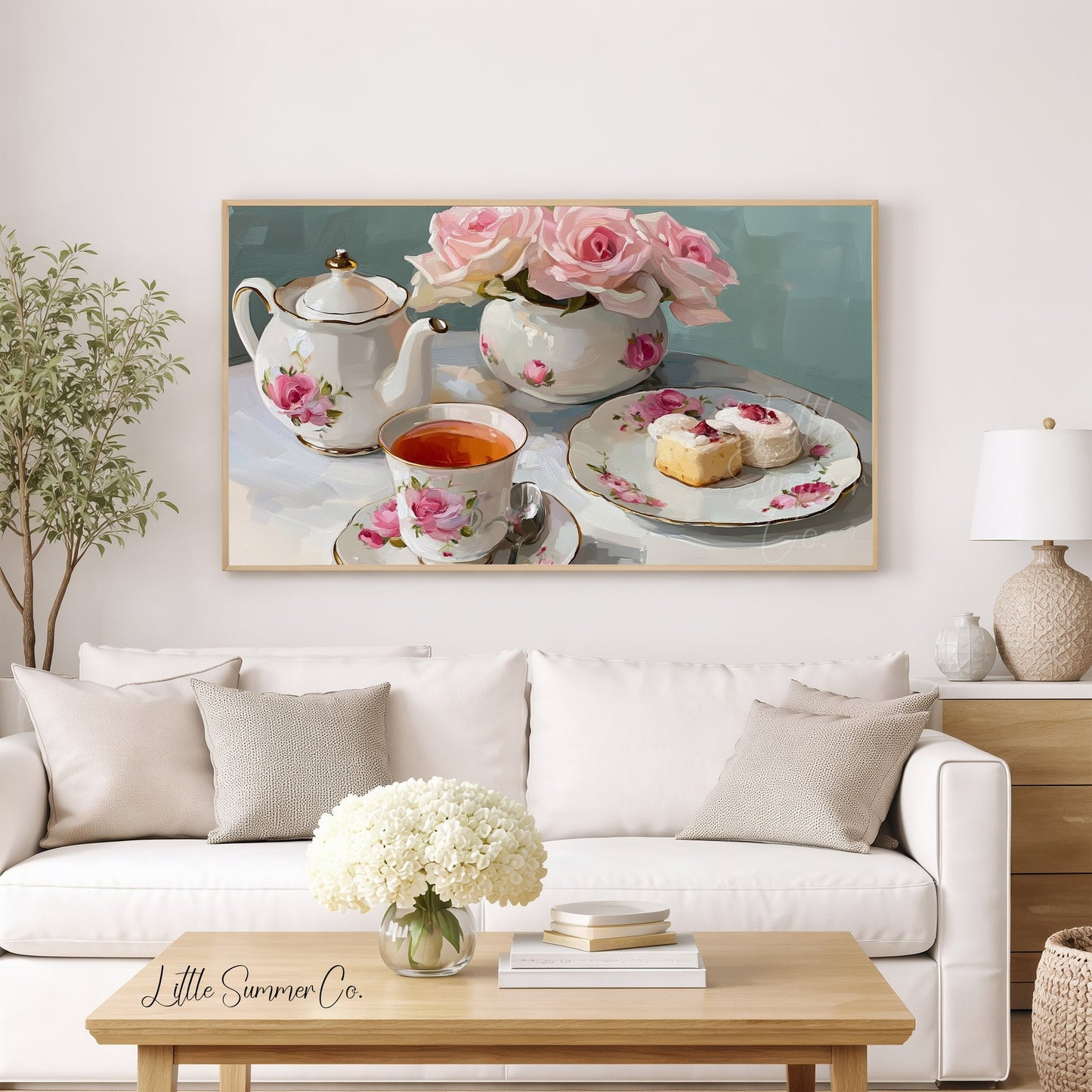 Rose Tea Set Frame TV Art displayed on a TV