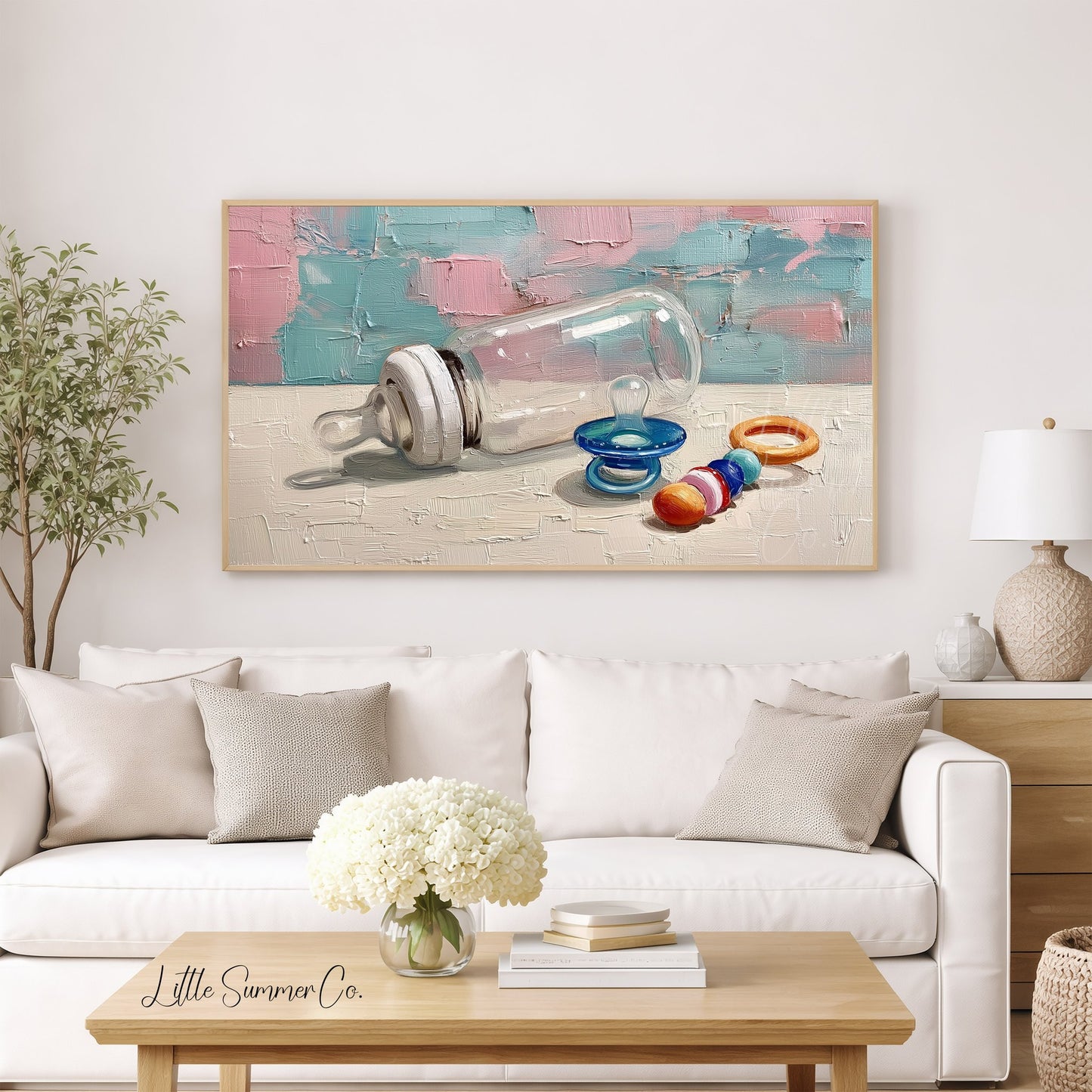 Baby Bottle and Rattle Frame TV Art displayed on a TV