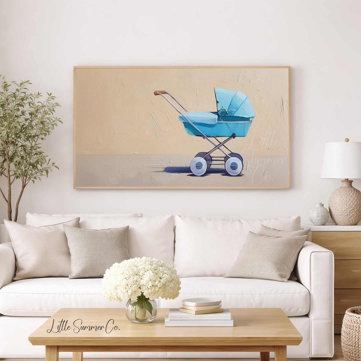 Blue Baby Pram Frame TV Art displayed on a TV