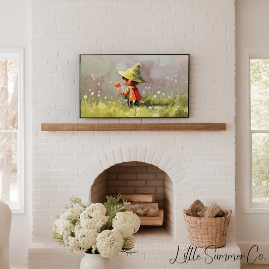 Woodland Child with Mushroom Frame TV Art displayed on a TV