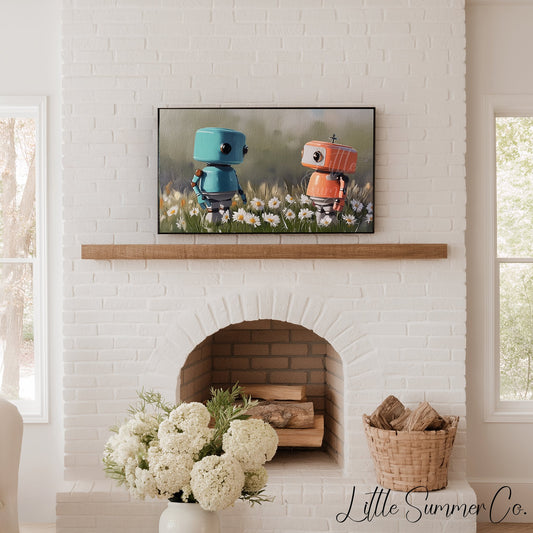Two Little Robots Frame TV Art displayed on a TV
