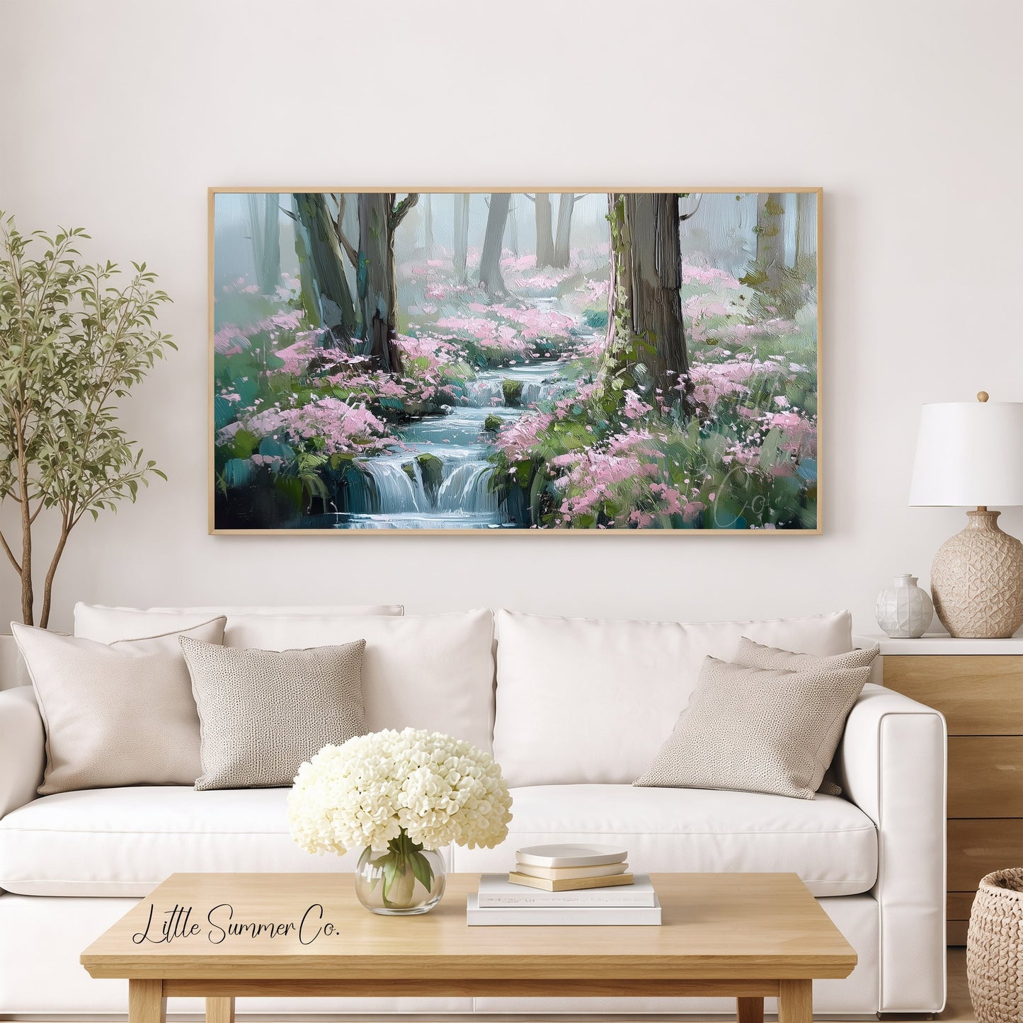 Forest Stream and Blossoms Frame TV Art displayed on a TV