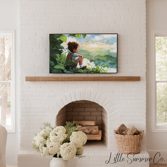 Boy Gazing Over Valley Frame TV Art displayed on a TV