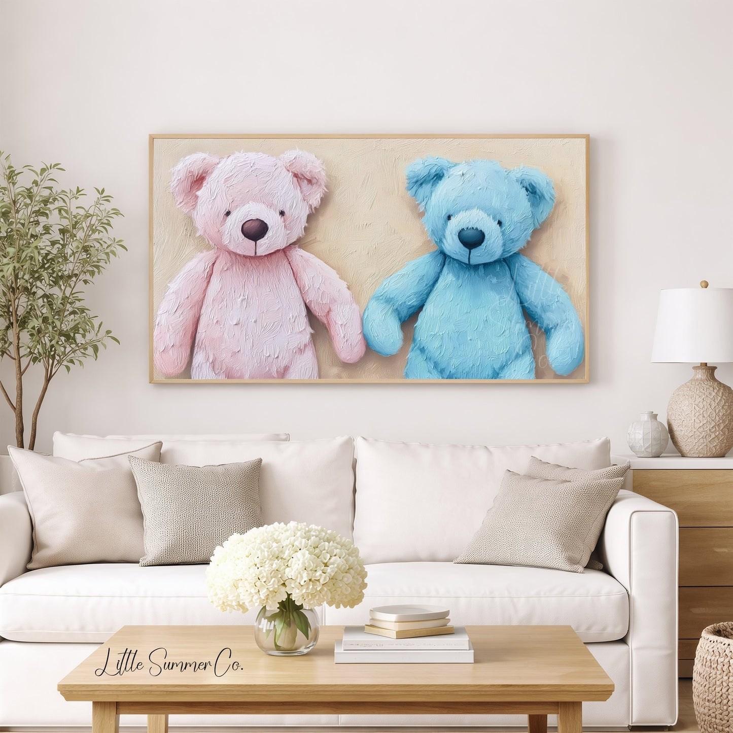 Pink and Blue Teddy Bears Frame TV Art displayed on a TV