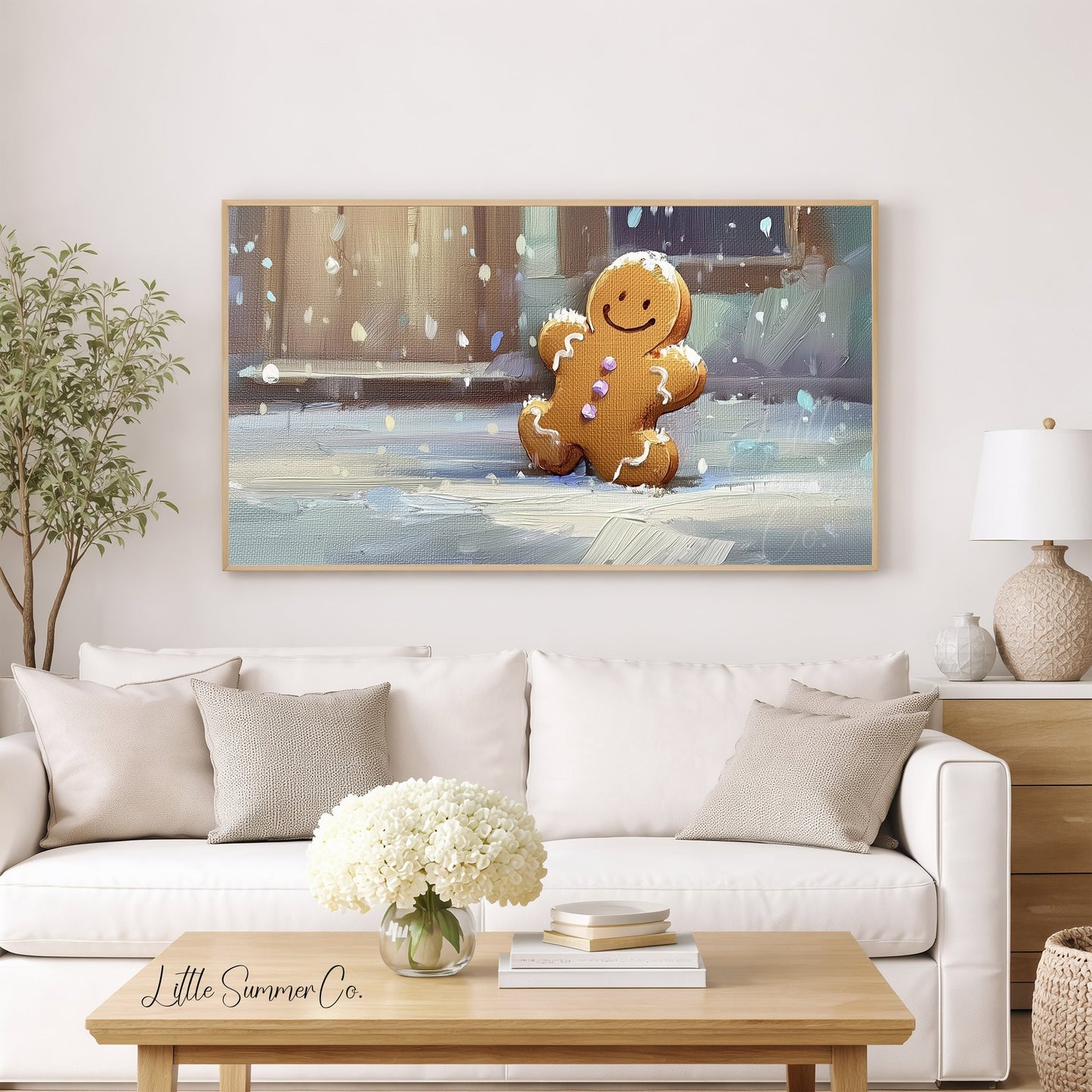 Snowy Gingerbread Man Frame TV Art displayed on a TV