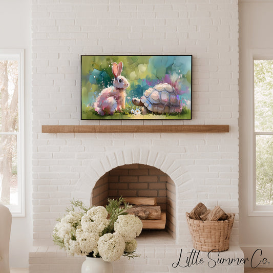 Bunny and Tortoise Friends Frame TV Art displayed on a TV