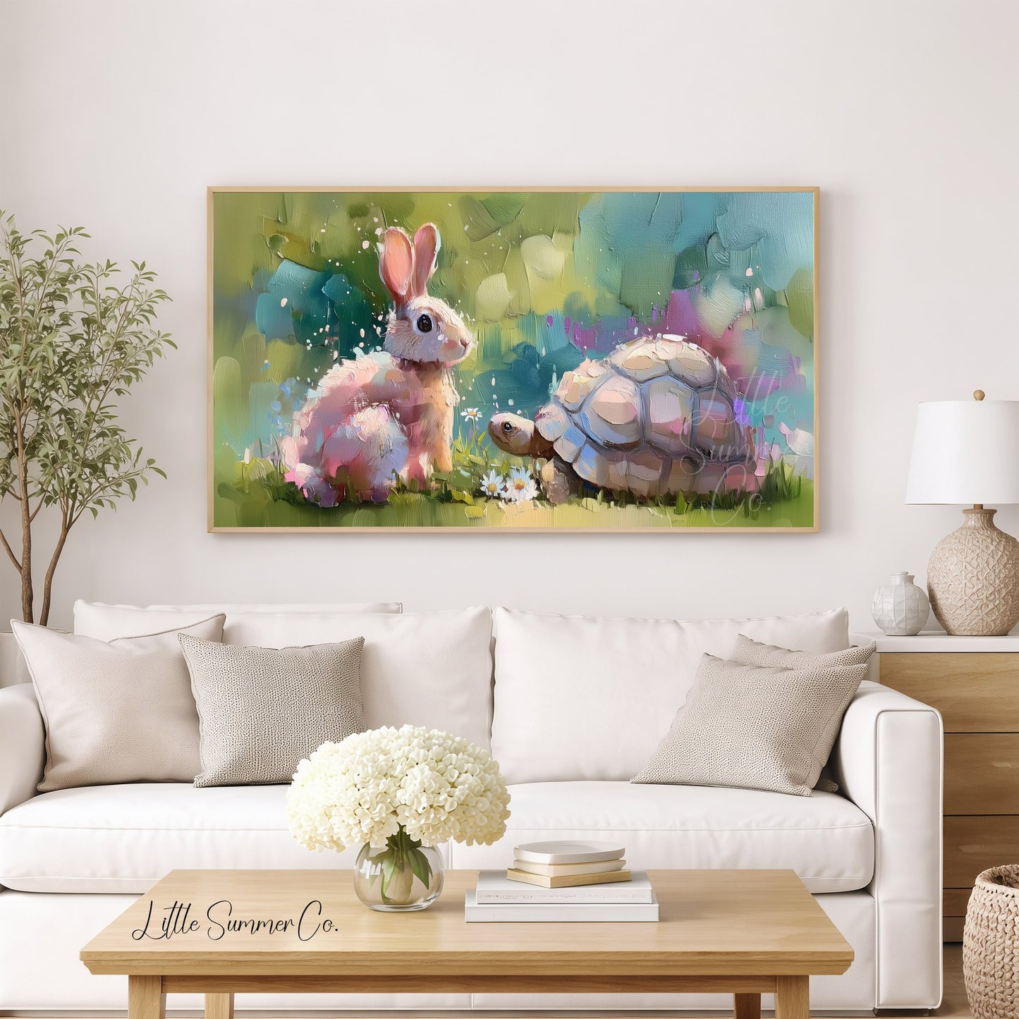 Bunny and Tortoise Friends Frame TV Art displayed on a TV