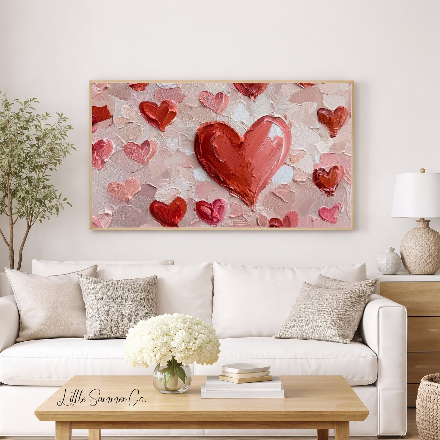 Red Hearts on Pink Frame TV Art displayed on a TV