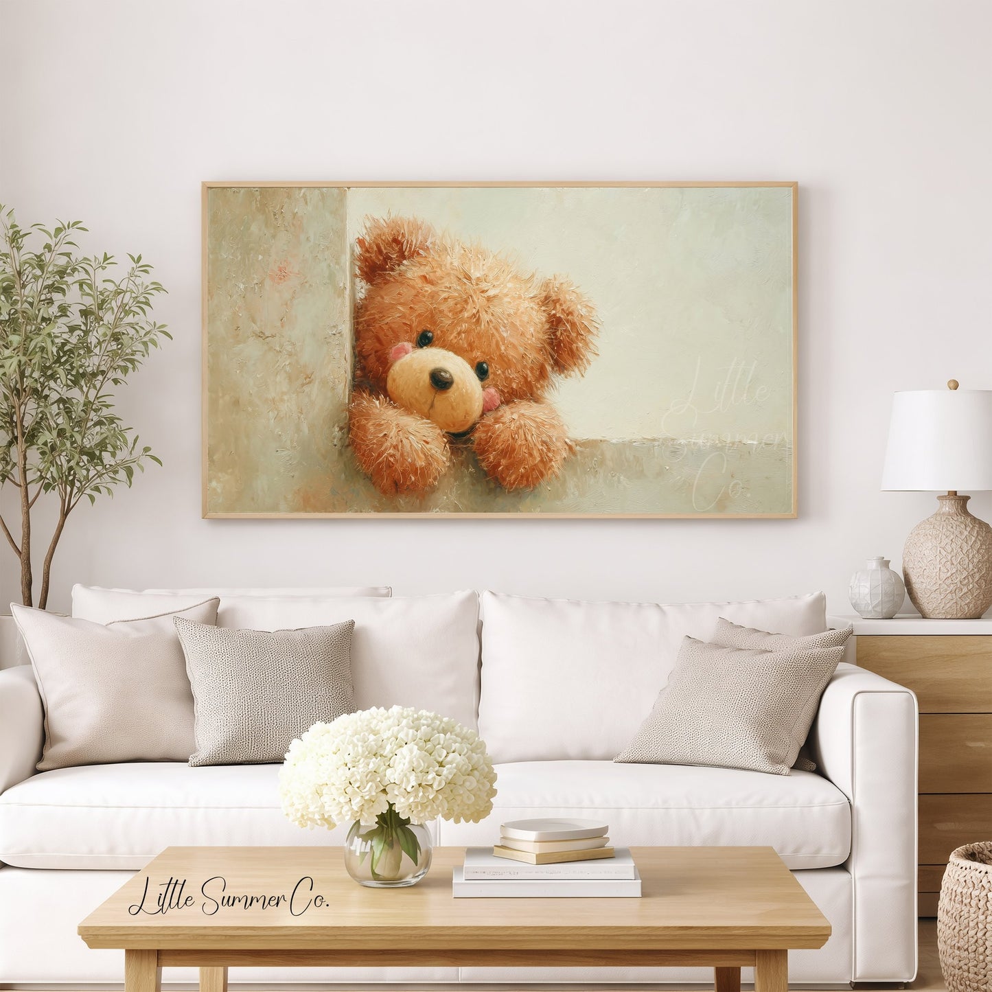 Peeking Teddy Bear Frame TV Art displayed on a TV