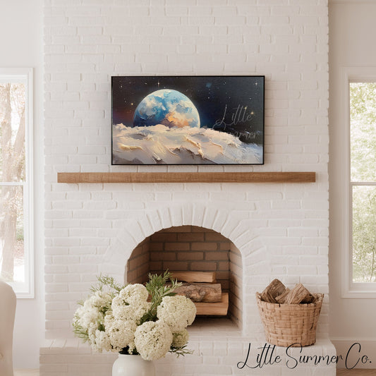 Blue Earth Above Moon Frame TV Art displayed on a TV