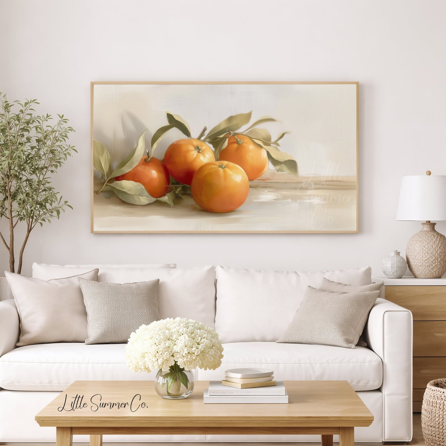 Oranges With Leaves Frame TV Art displayed on a TV