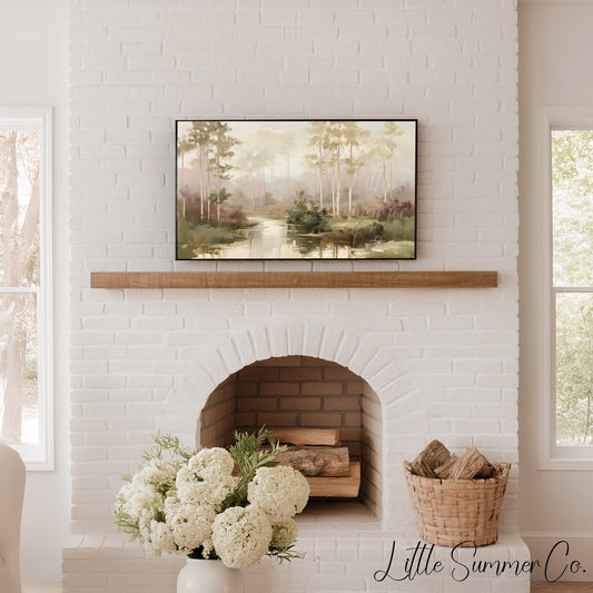 Pine Forest River Frame TV Art displayed on a TV