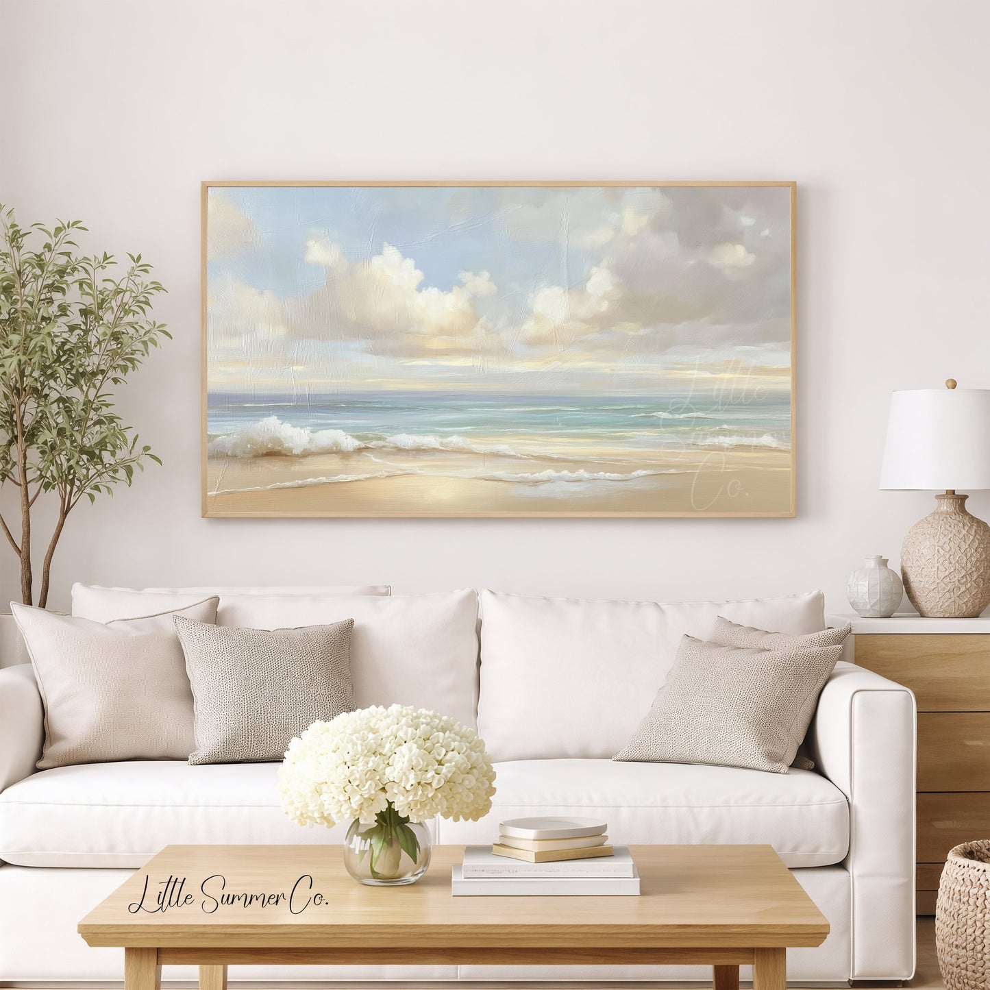 Soft Pastel Coastal Beach Scene Frame TV Art displayed on a TV