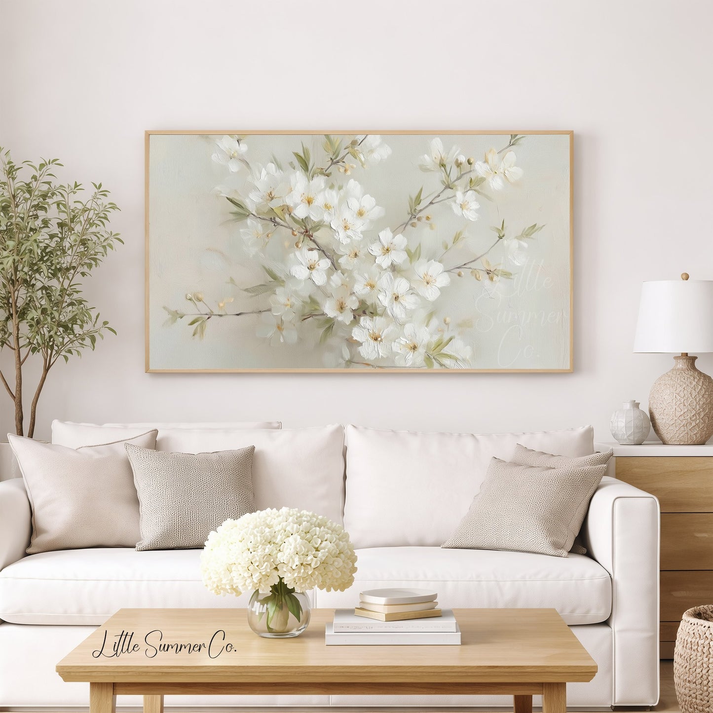 White Cherry Blossom Branch Bouquet Frame TV Art displayed on a TV