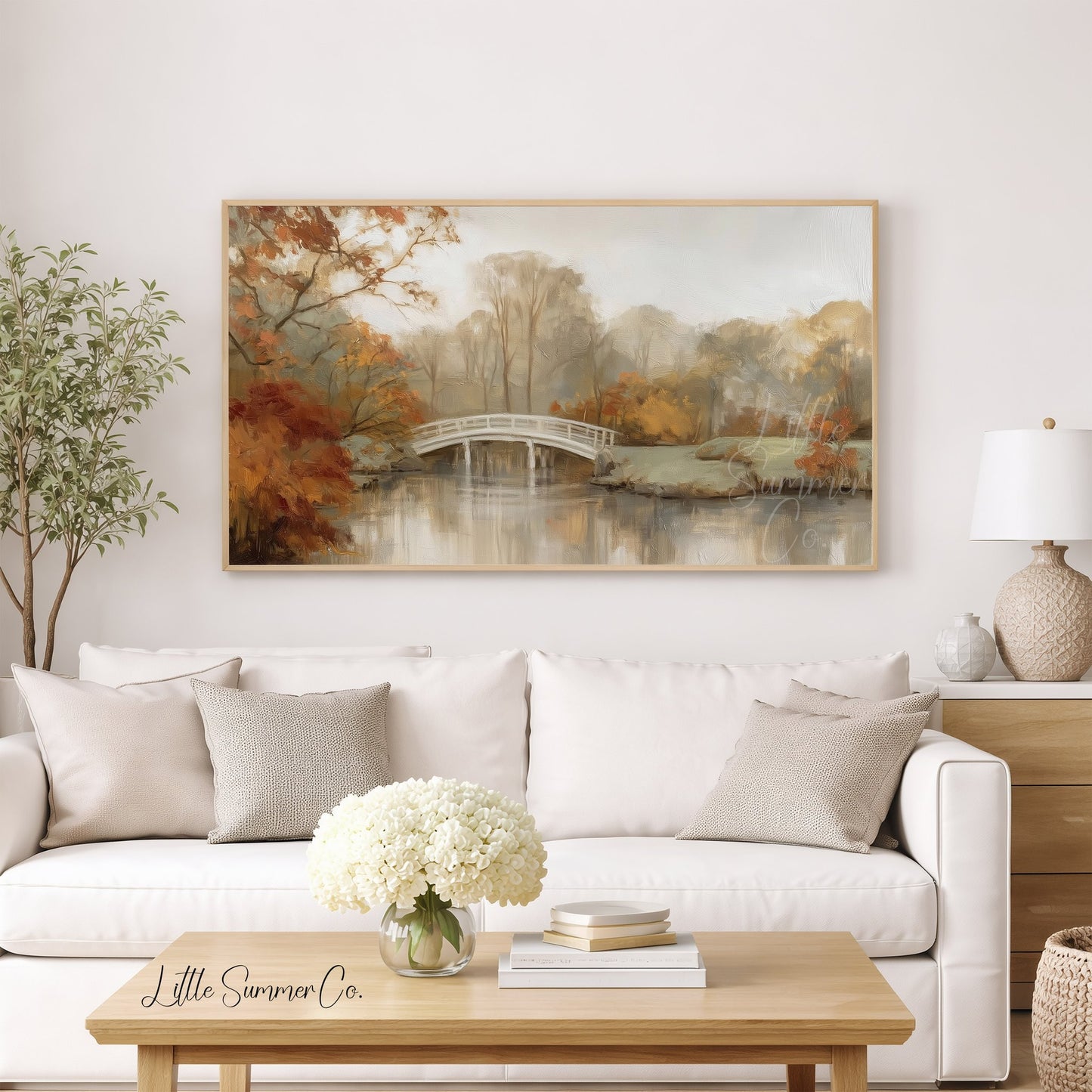 Autumn White Bridge Frame TV Art displayed on a TV
