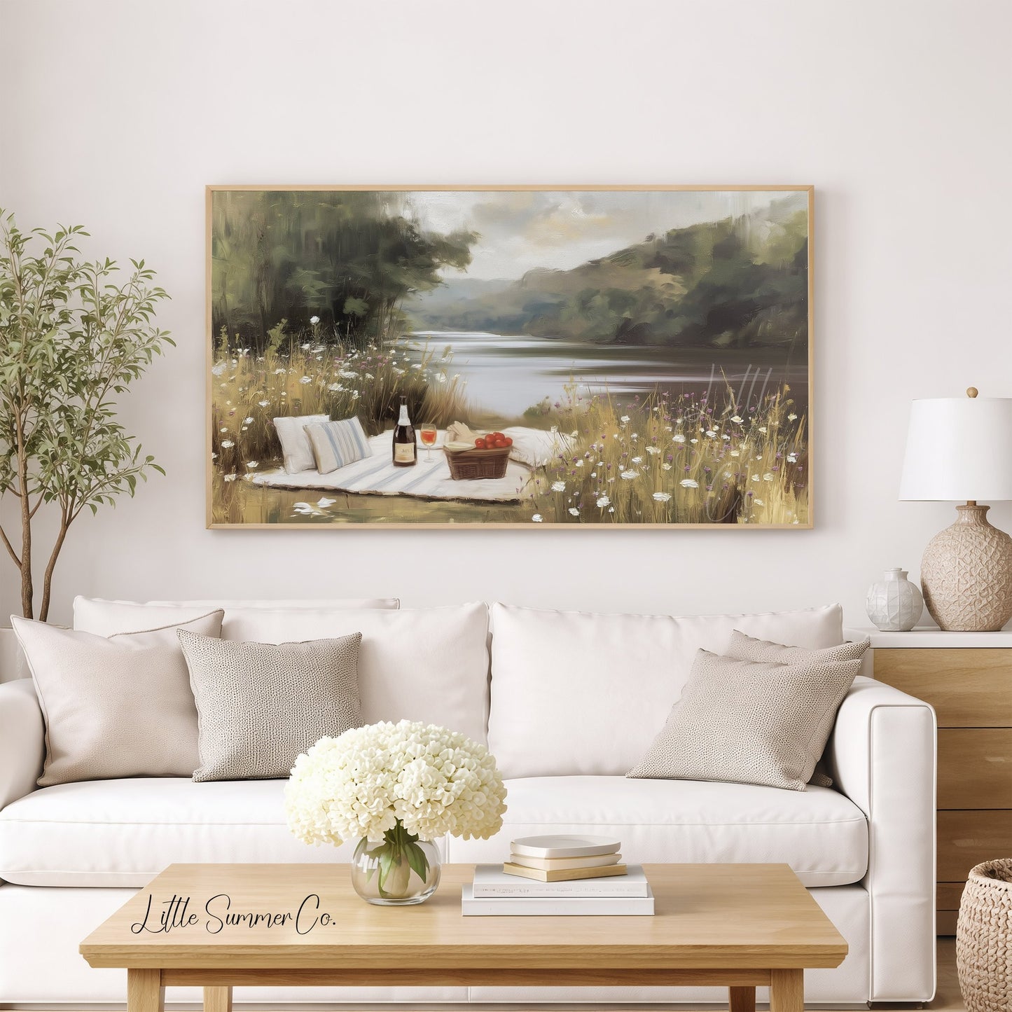 Summer Lakeside Picnic Scene Frame TV Art displayed on a TV