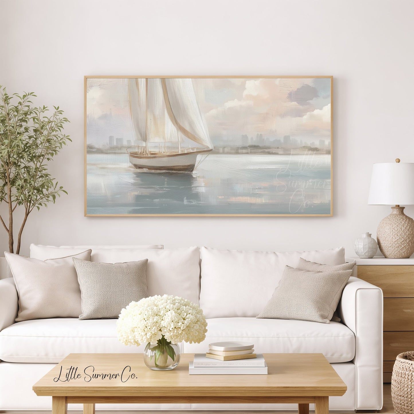 Sailboat And Skyline Frame TV Art displayed on a TV