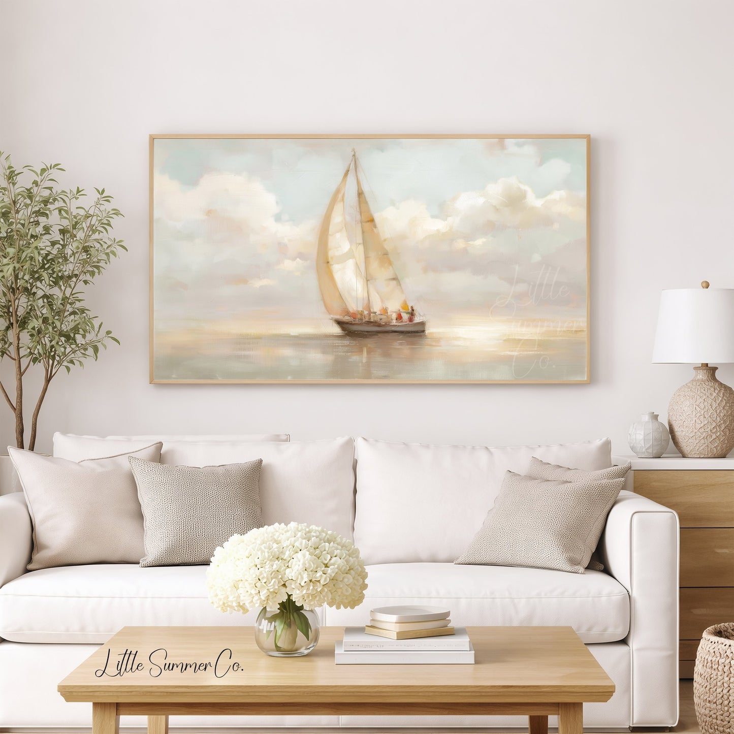 Peaceful Sailboat Calm Sea Frame TV Art displayed on a TV