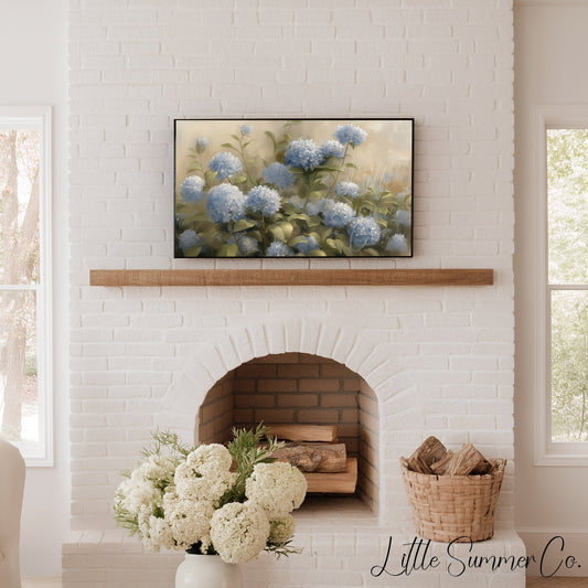 Blue Hydrangea Garden Blooms Frame TV Art displayed on a TV