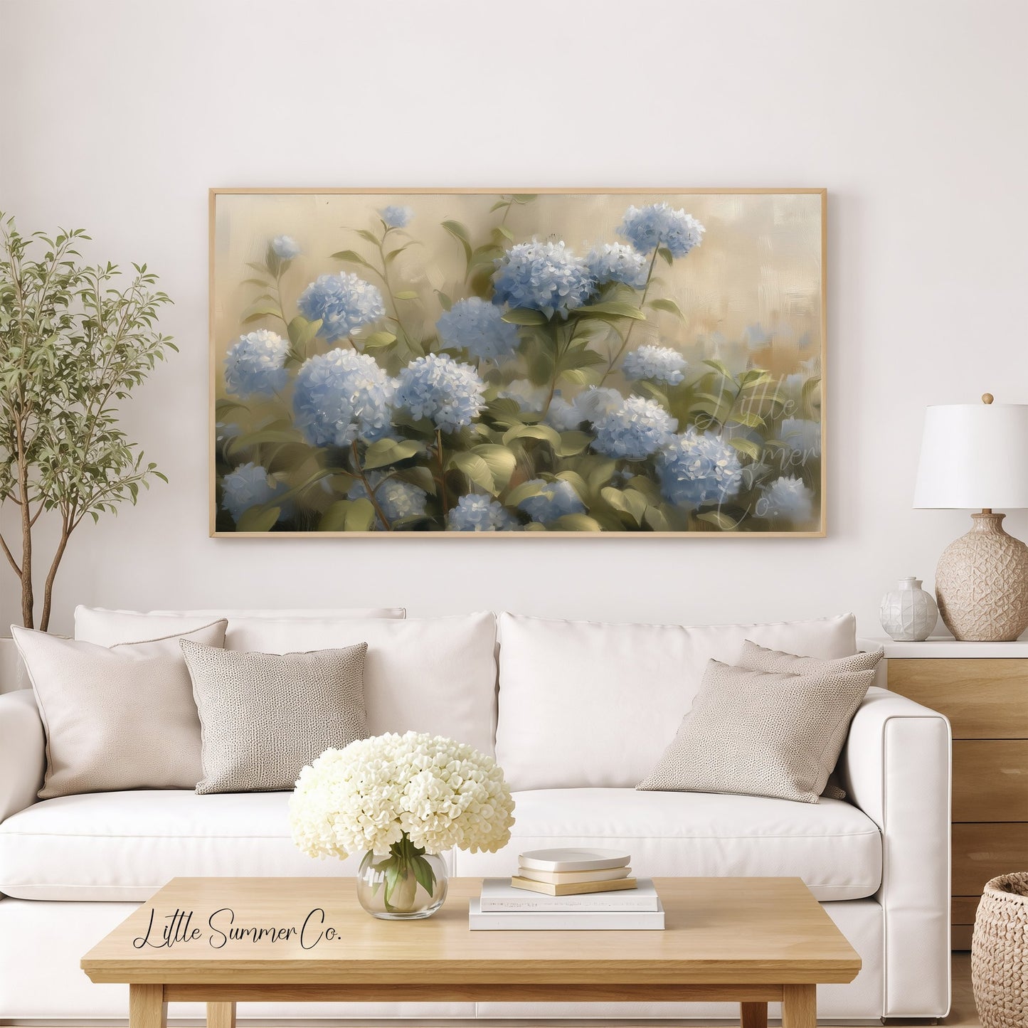 Blue Hydrangea Garden Blooms Frame TV Art displayed on a TV