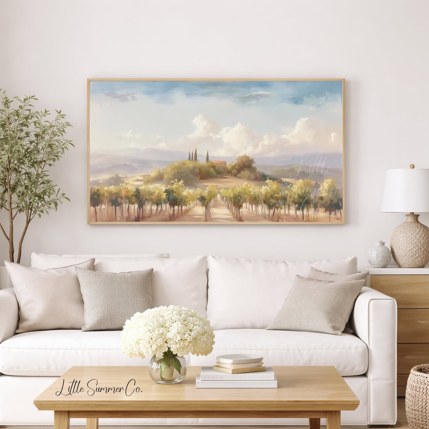 Tuscany Vineyard Farmhouse Hill Frame TV Art displayed on a TV