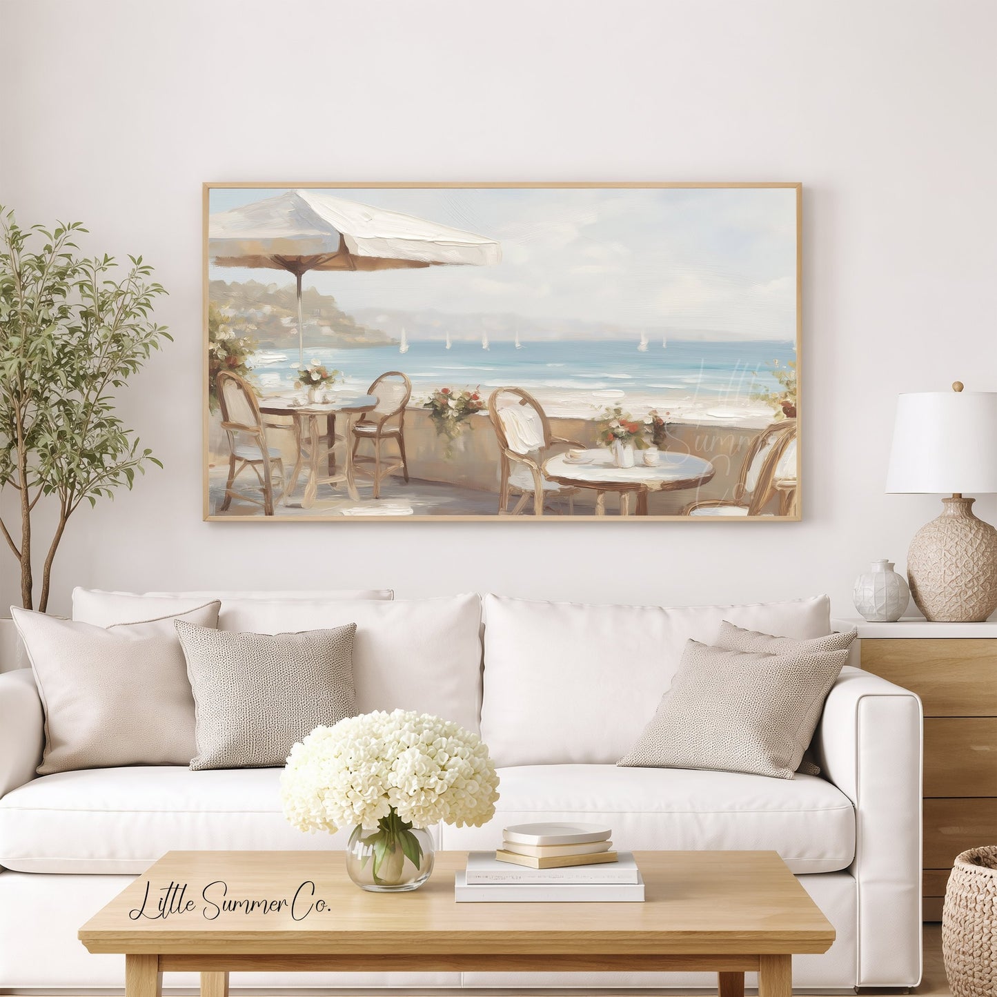 Seaside Cafe View Frame TV Art displayed on a TV