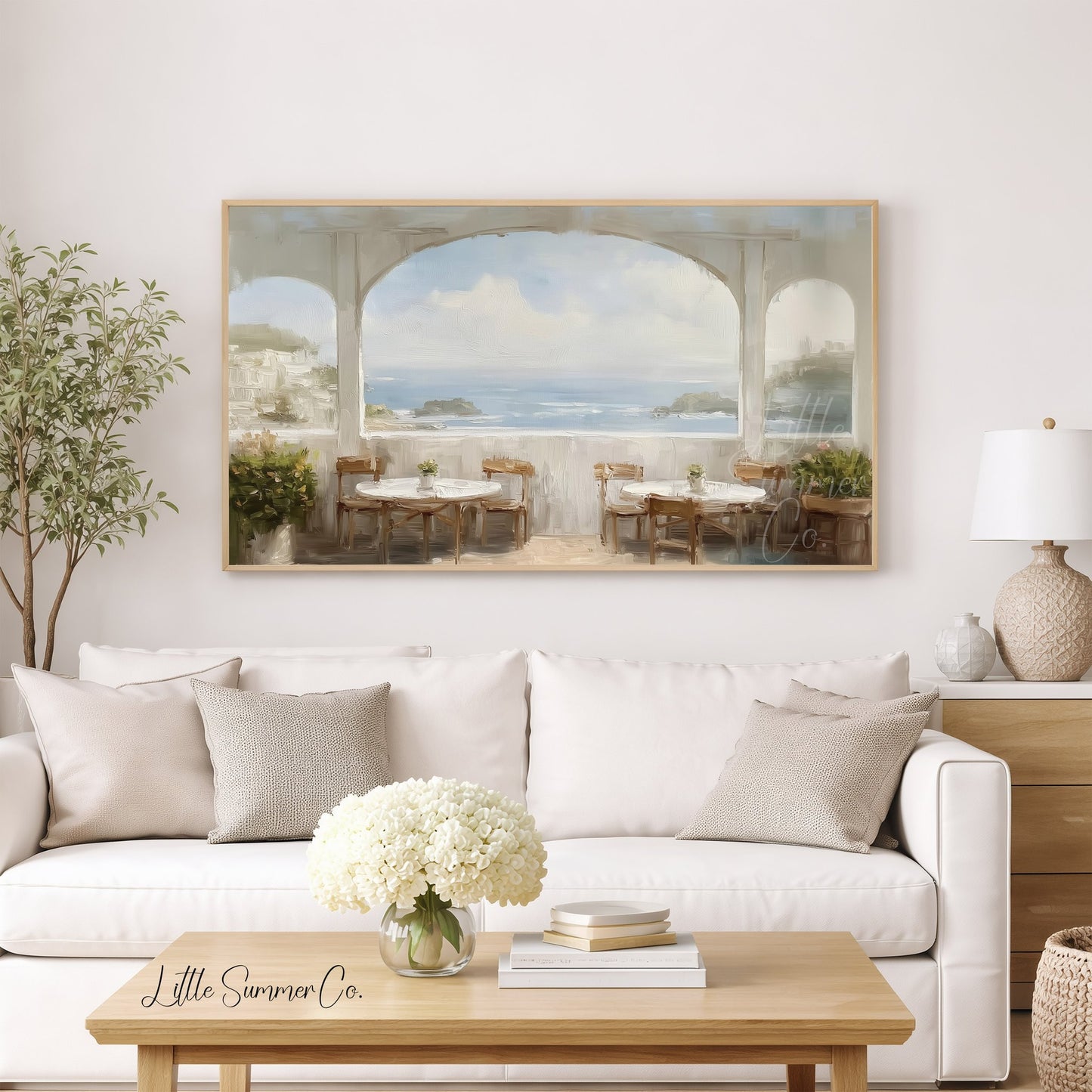 Seaside Terrace View Frame TV Art displayed on a TV