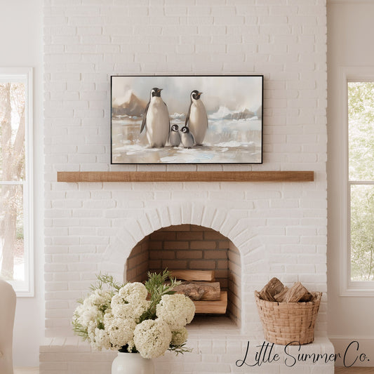 Penguin Family on Ice Frame TV Art displayed on a TV