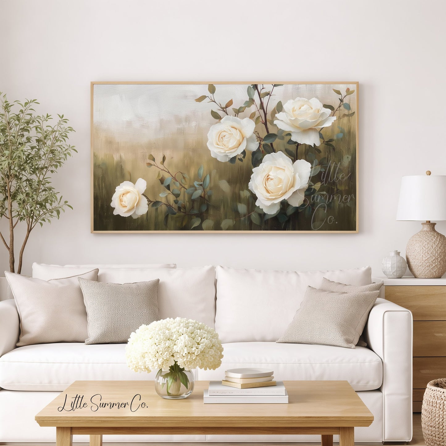 White Roses and Branches Frame TV Art displayed on a TV