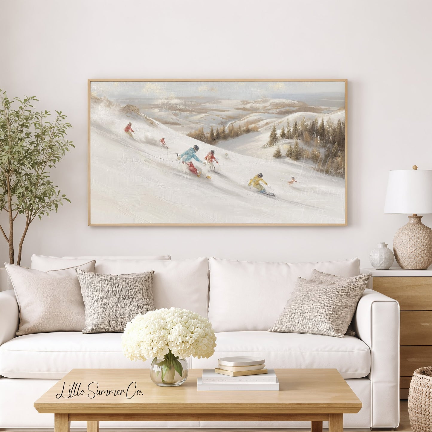 Skiers on Snowy Slope Frame TV Art displayed on a TV