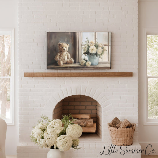 Teddy Bear White Flowers Frame TV Art displayed on a TV
