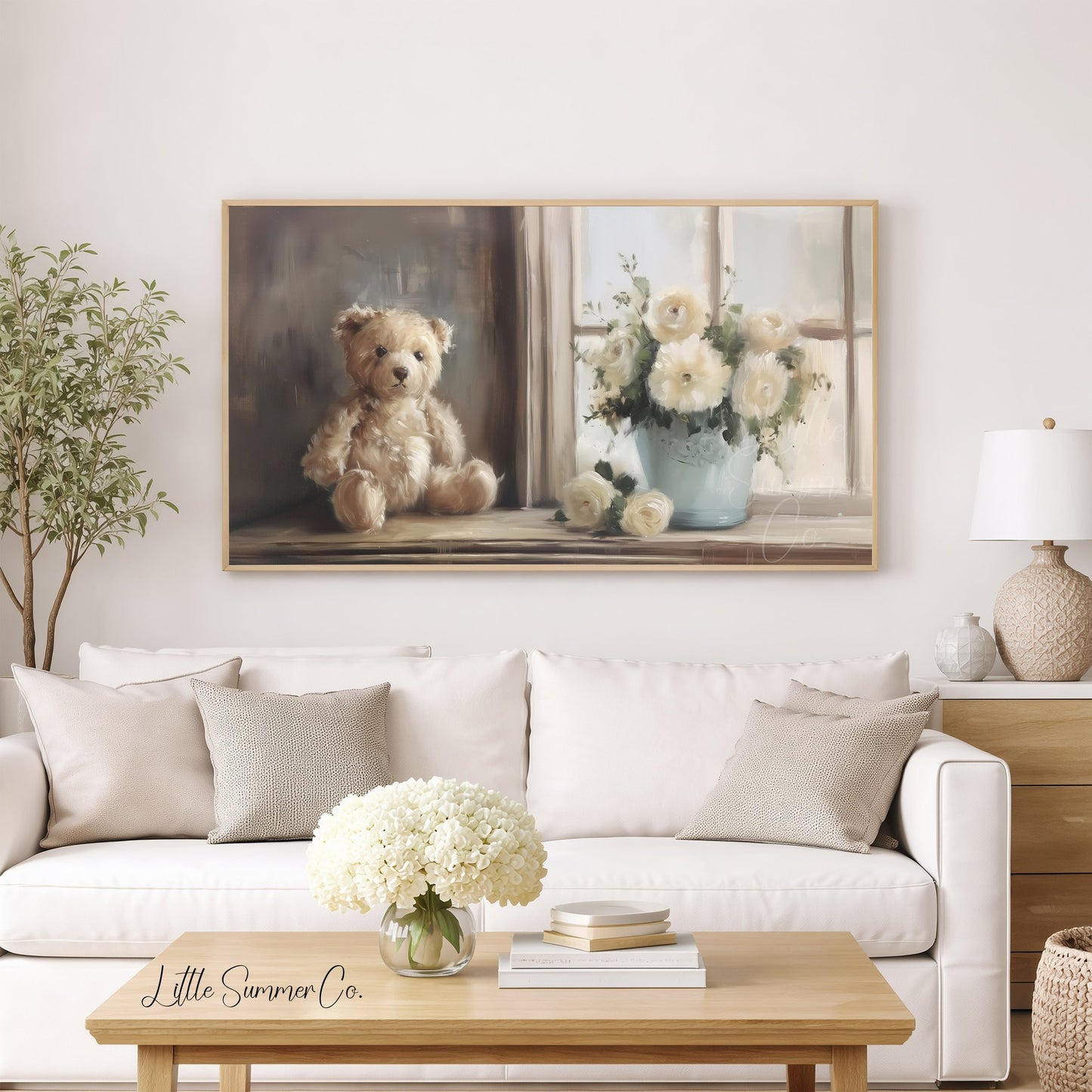 Teddy Bear White Flowers Frame TV Art displayed on a TV