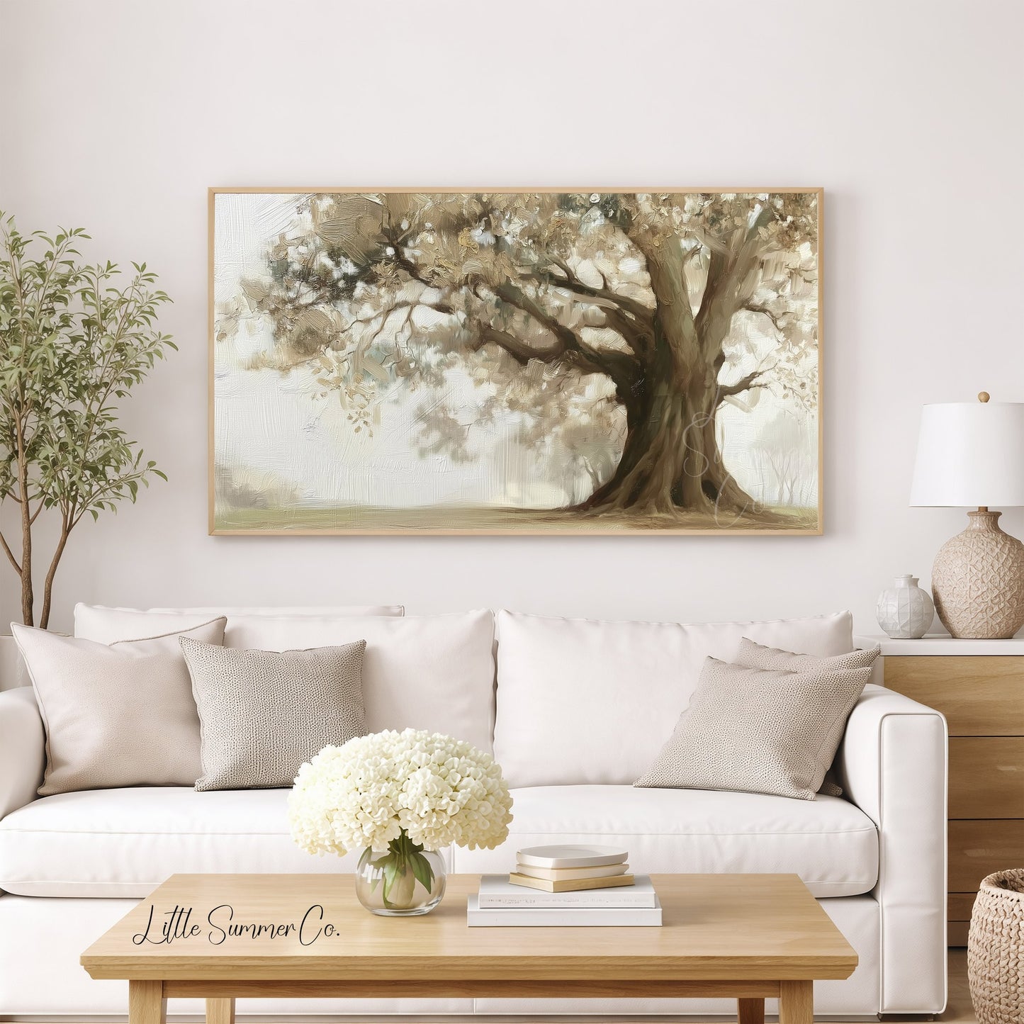 Ancient Oak Tree in Mist Frame TV Art displayed on a TV