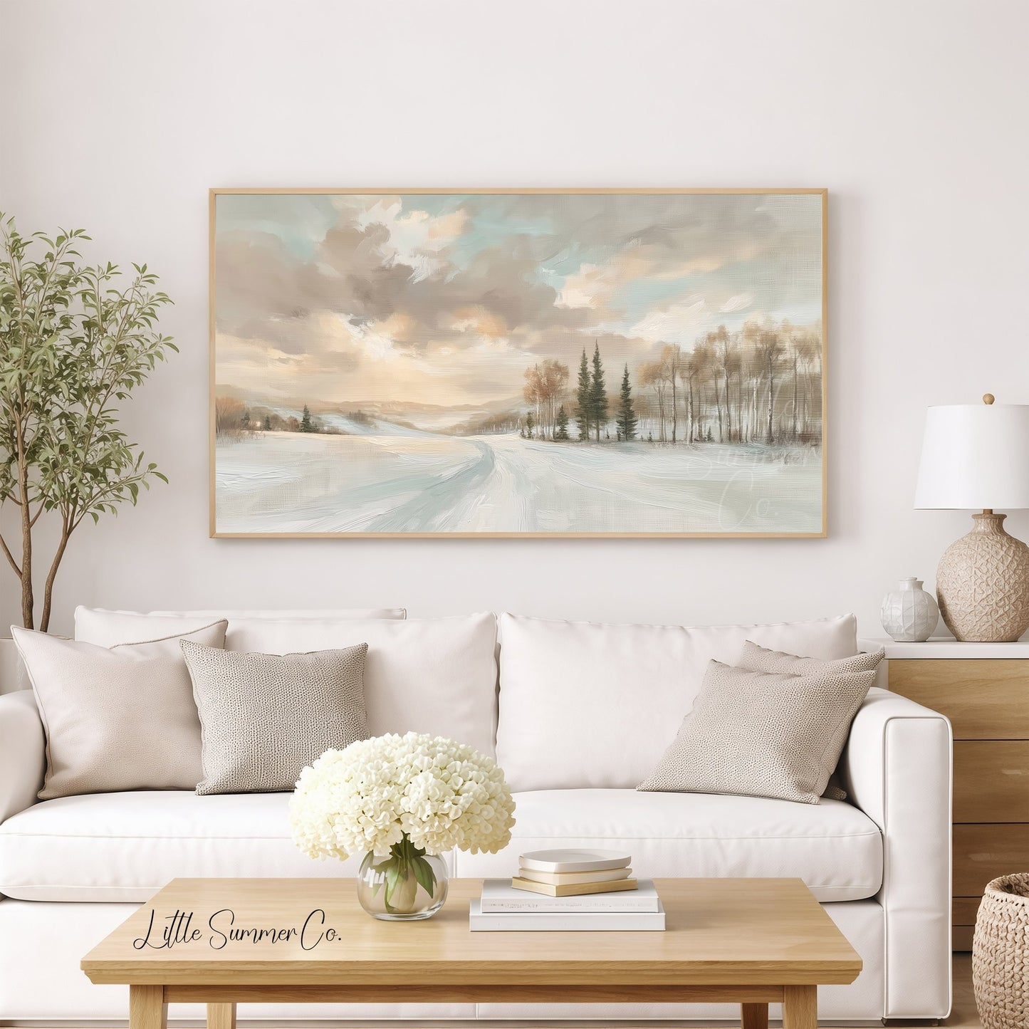 Snowy Road and Pines Frame TV Art displayed on a TV
