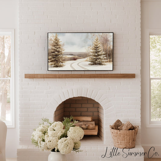 Winter Road Pine Trees Frame TV Art displayed on a TV