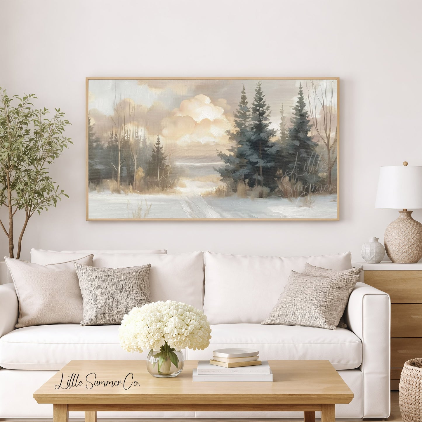 Snowy Pine Path Frame TV Art displayed on a TV