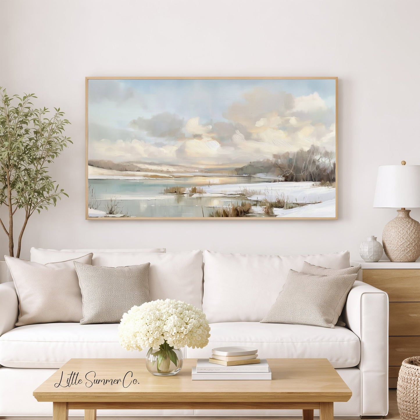 Frozen Lake Winter Sky Frame TV Art displayed on a TV