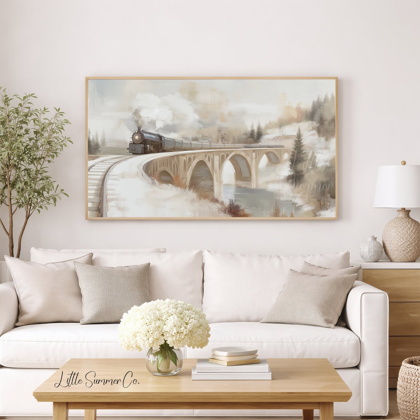 Snowy Train Bridge Frame TV Art displayed on a TV